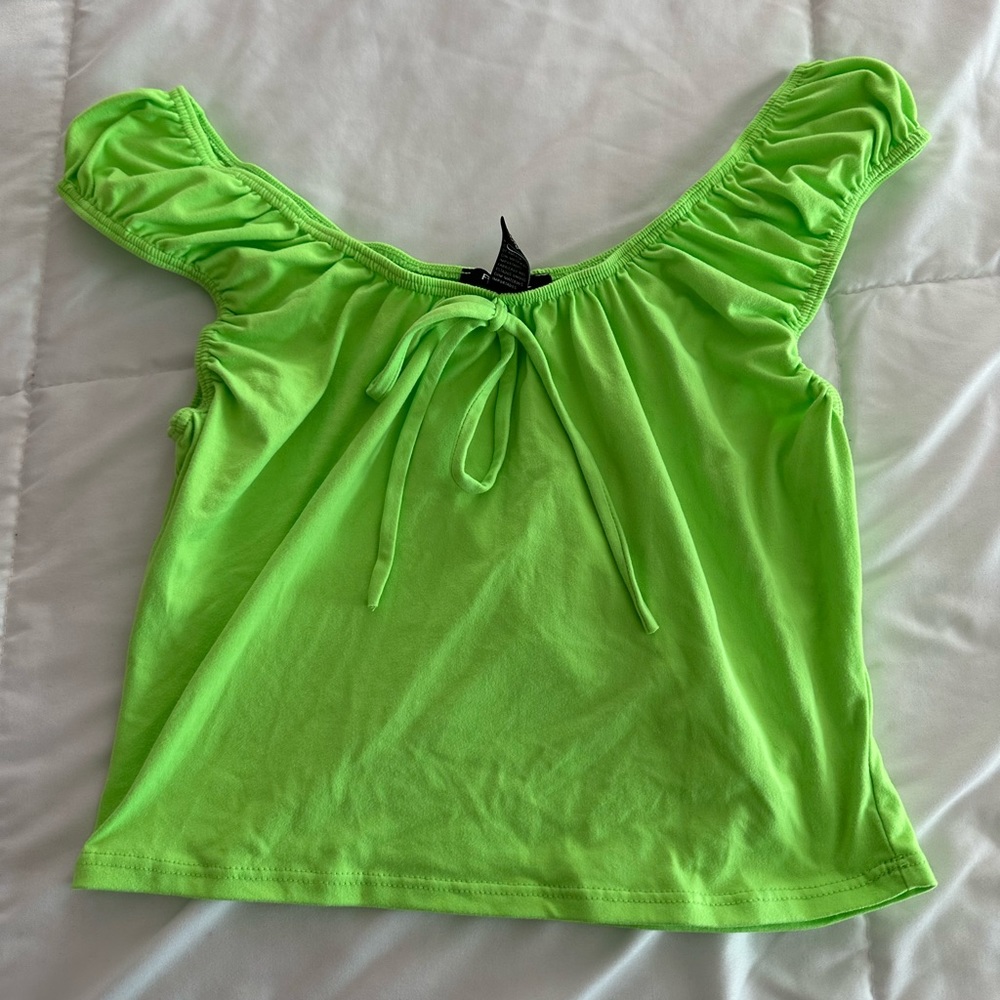 Lime Green Off the Shoulder Top with Bow Detail